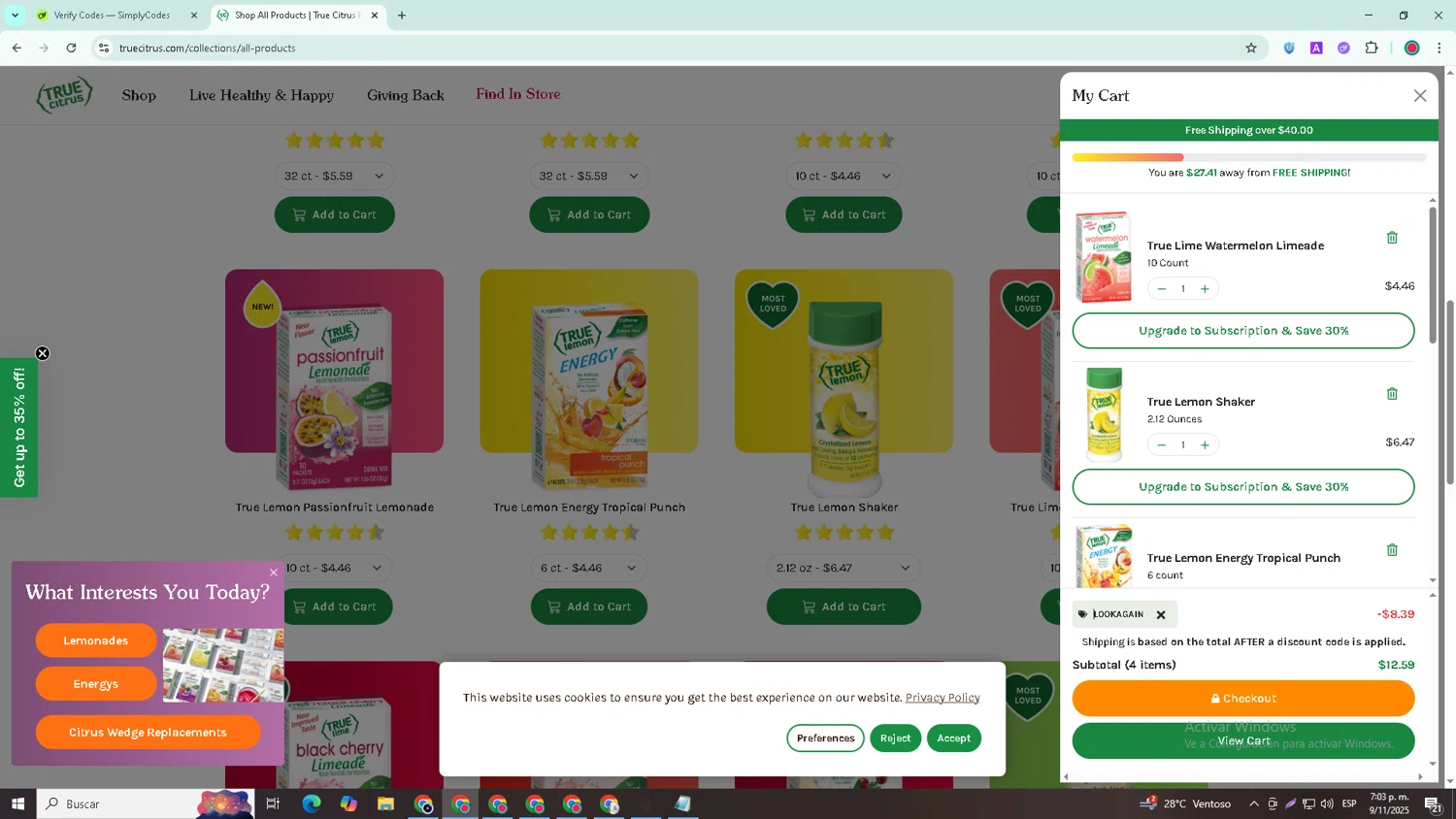 True Citrus coupon code screenshot showing code LOOKAGAIN applied at True Citrus checkout page. Uploaded by SimplyCodes community member William_Jones on Nov 9, 2025