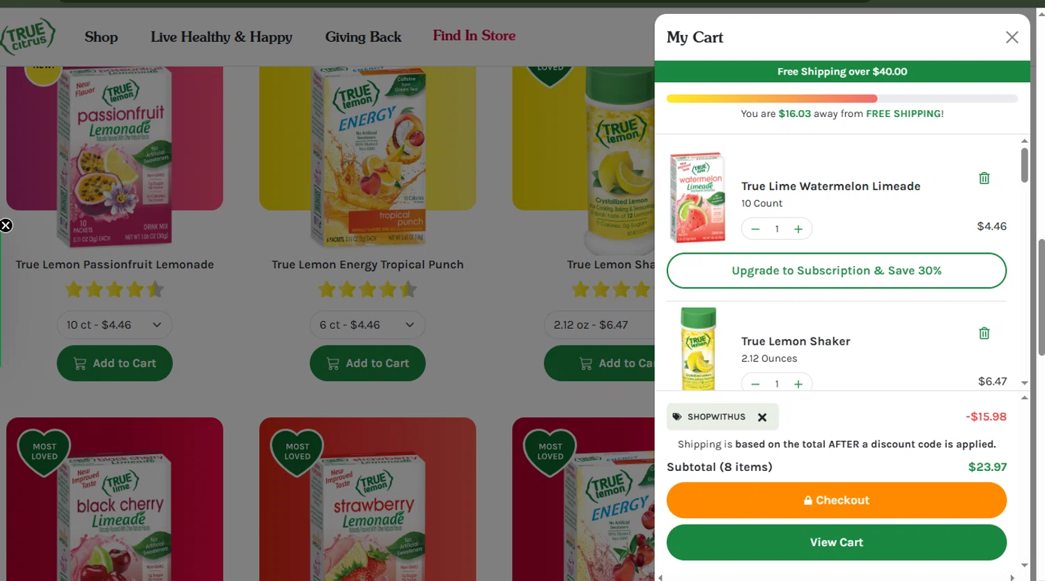 True Citrus coupon code screenshot showing code SHOPWITHUS applied at True Citrus checkout page. Uploaded by SimplyCodes community member ExtraordinarySeeker9807 on Oct 23, 2025
