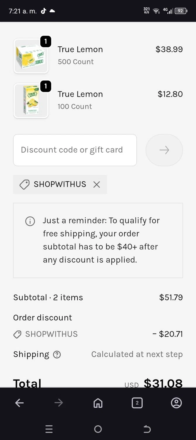 True Citrus coupon code screenshot showing code SHOPWITHUS applied at True Citrus checkout page. Uploaded by SimplyCodes community member WiseScout4178 on Sep 21, 2025