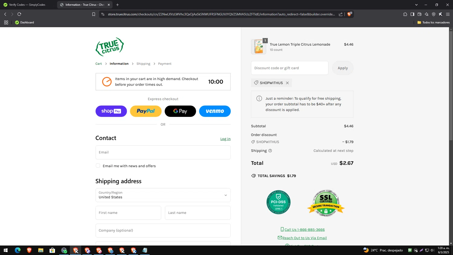 True Citrus coupon code screenshot showing code SHOPWITHUS applied at True Citrus checkout page. Uploaded by SimplyCodes community member genesisgafaro on Mar 6, 2025