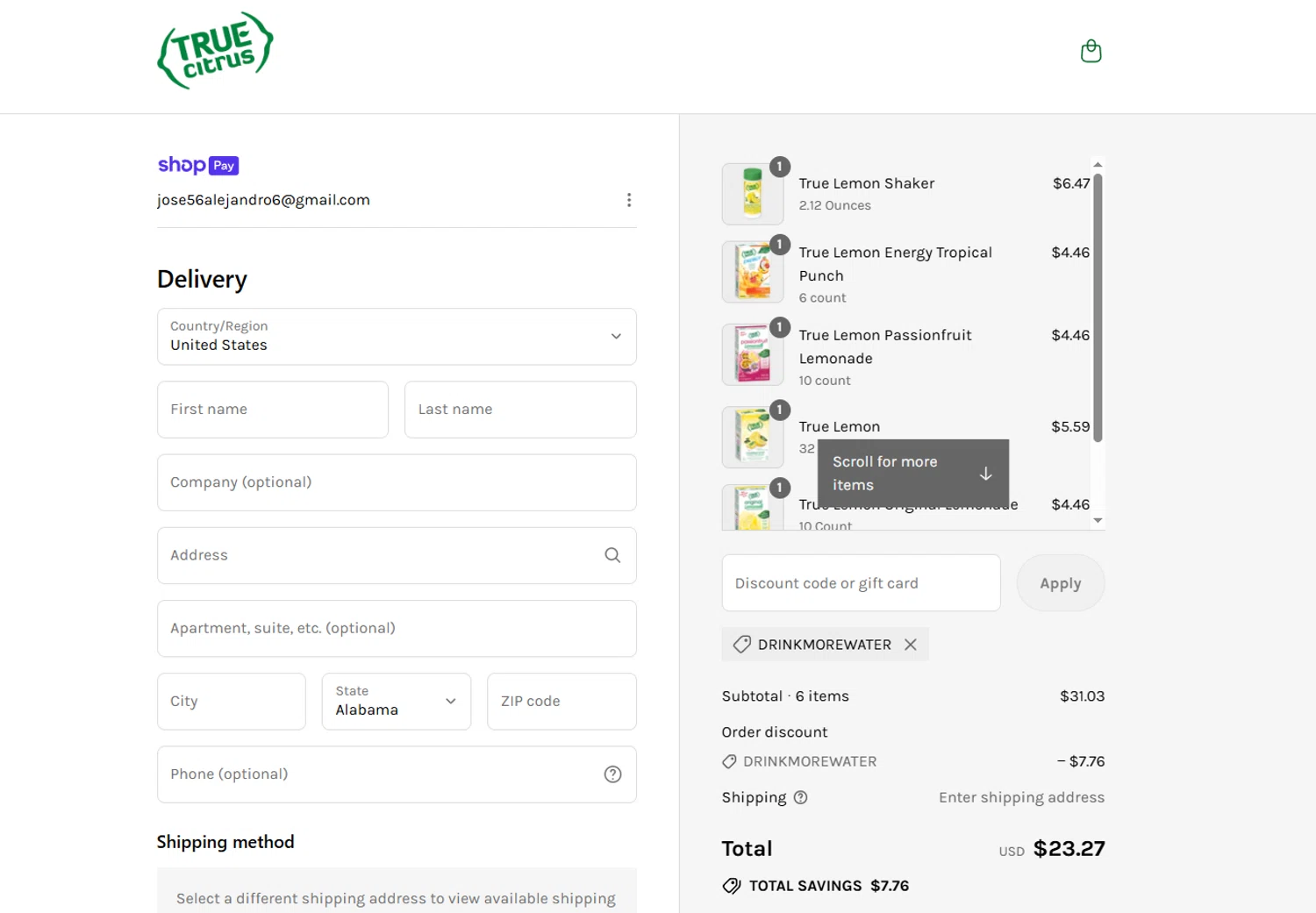 True Citrus coupon code screenshot showing code DRINKMOREWATER applied at True Citrus checkout page. Uploaded by SimplyCodes community member Kmacho on Jul 10, 2025