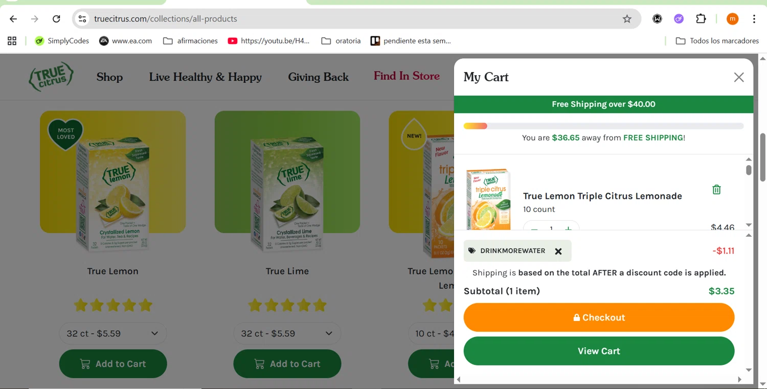 True Citrus coupon code screenshot showing code DRINKMOREWATER applied at True Citrus checkout page. Uploaded by SimplyCodes community member ROIS28 on Aug 17, 2025