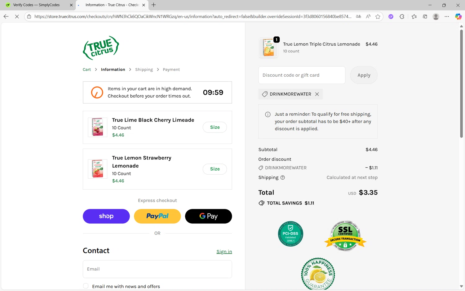 True Citrus coupon code screenshot showing code DRINKMOREWATER applied at True Citrus checkout page. Uploaded by SimplyCodes community member frijolito on Oct 3, 2025