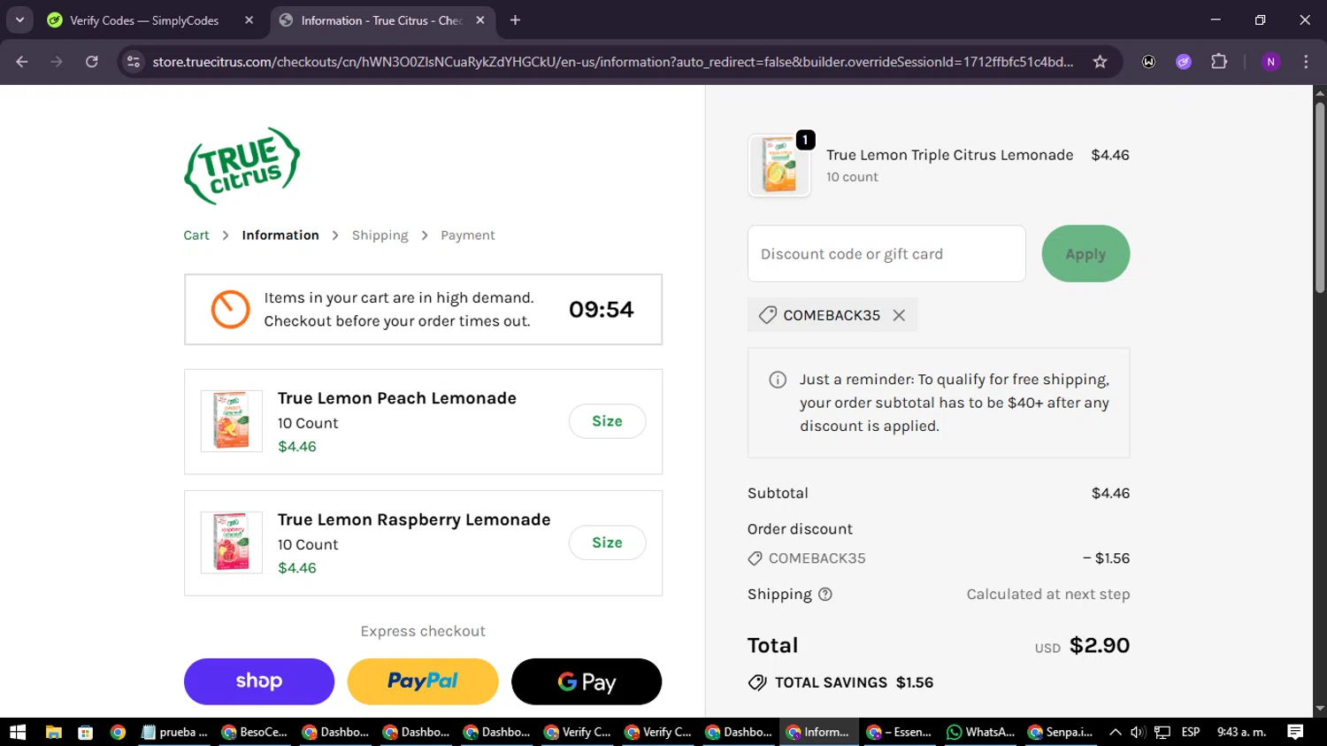 True Citrus coupon code screenshot showing code comeback35 applied at True Citrus checkout page. Uploaded by SimplyCodes community member NATAAAAAANAELCANO on Sep 25, 2025