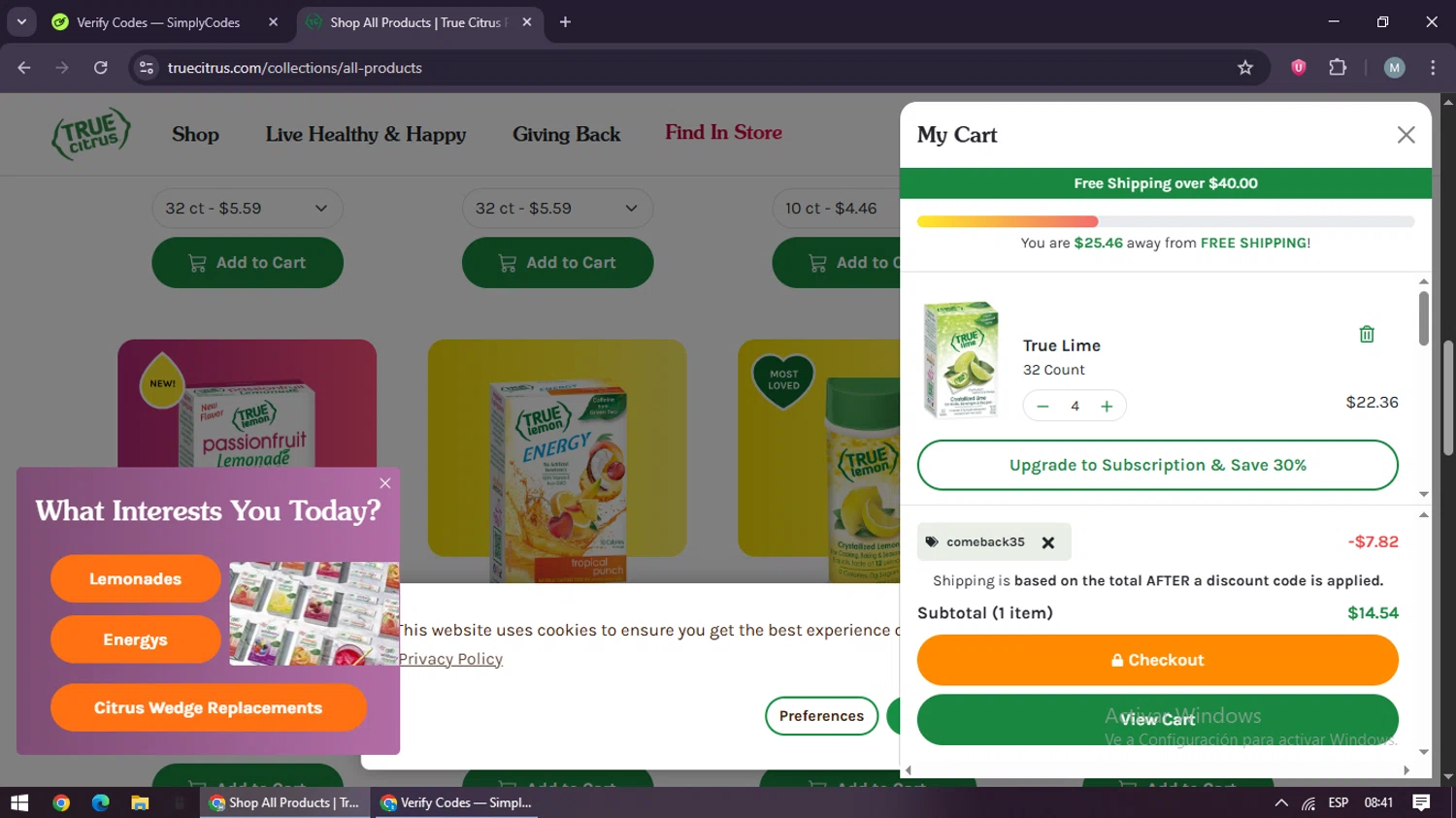 True Citrus coupon code screenshot showing code comeback35 applied at True Citrus checkout page. Uploaded by SimplyCodes community member maraxo on Aug 17, 2025