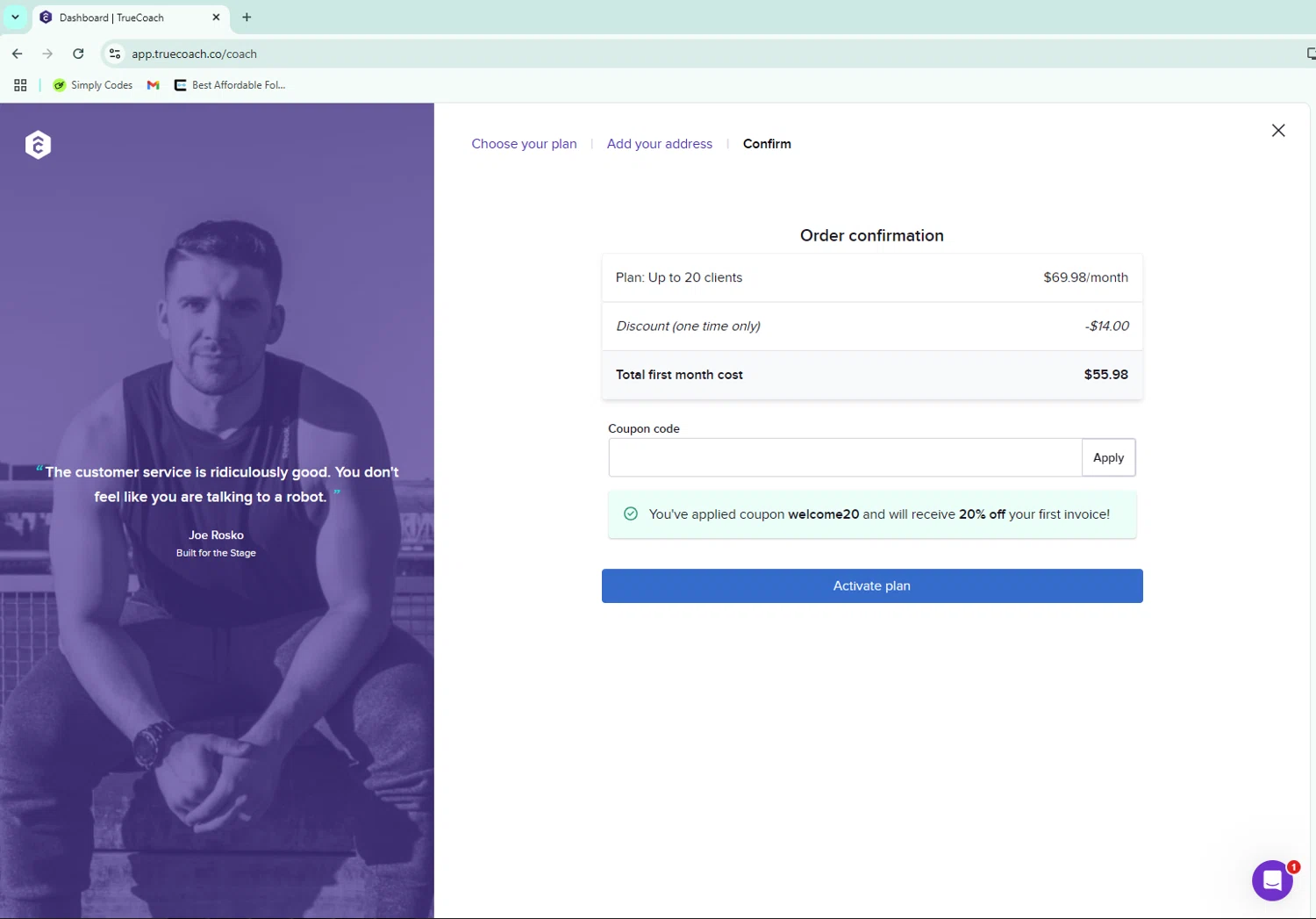 TrueCoach discount code screenshot showing code WELCOME20 applied at TrueCoach checkout page. Uploaded by SimplyCodes community member WiseWarden6423 on Jul 1, 2025