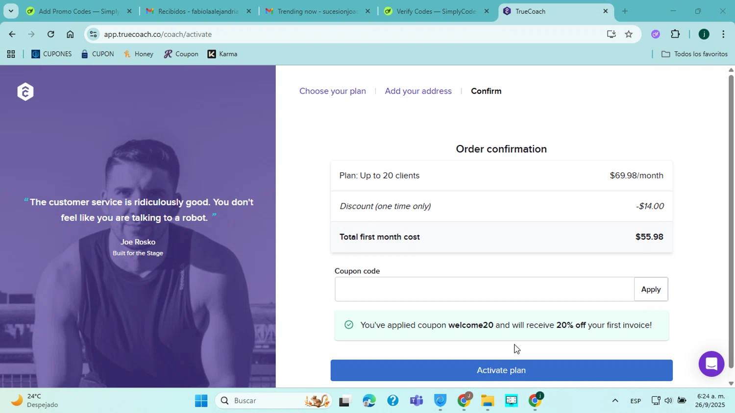 TrueCoach discount code screenshot showing code WELCOME20 applied at TrueCoach checkout page. Uploaded by SimplyCodes community member jorgejavierherrera on Sep 26, 2025