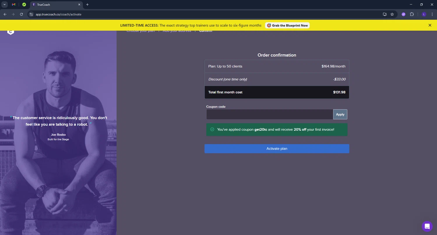 TrueCoach discount code screenshot showing code GET20TC applied at TrueCoach checkout page. Uploaded by SimplyCodes community member CoinElite8726 on Jun 18, 2025
