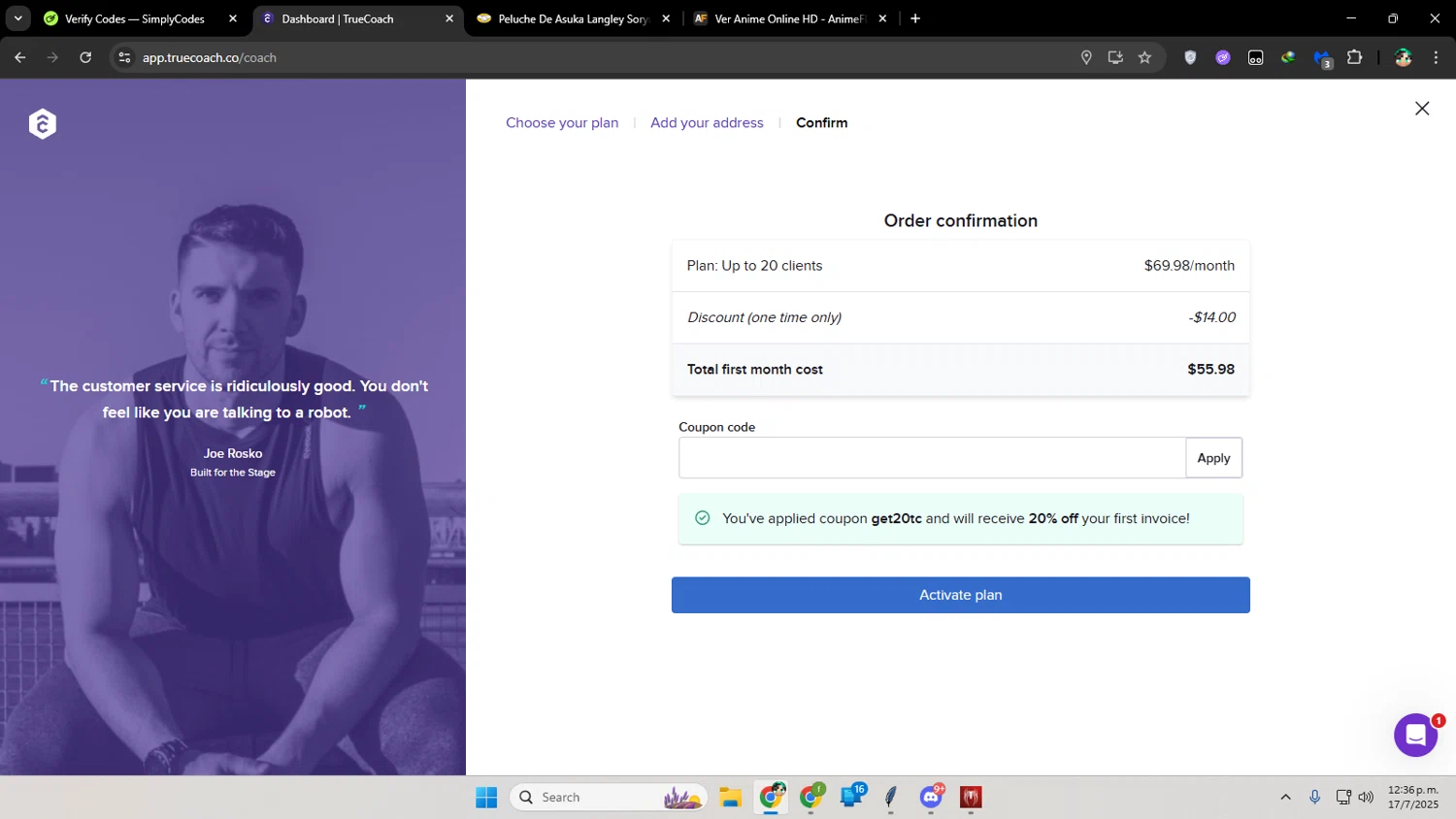 TrueCoach discount code screenshot showing code GET20TC applied at TrueCoach checkout page. Uploaded by SimplyCodes community member franalepe on Jul 17, 2025