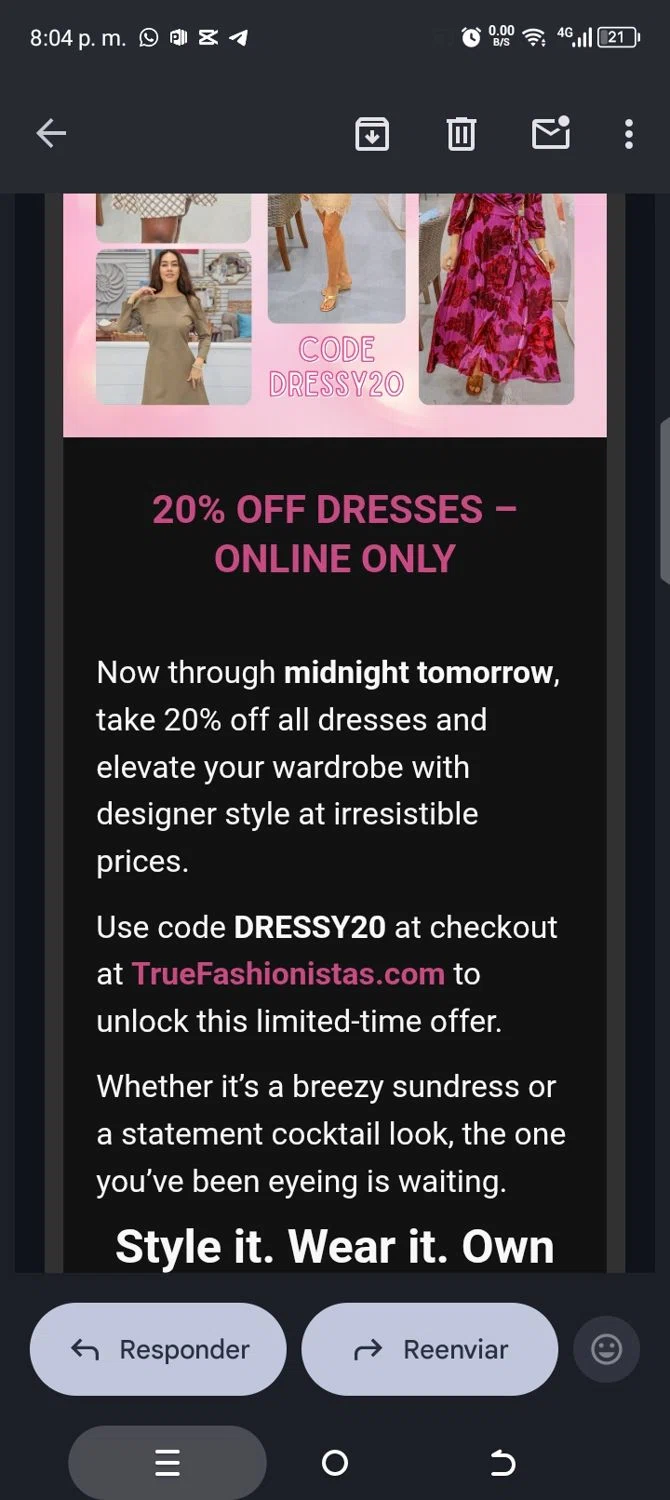 True Fashionistas promo code screenshot showing code DRESSY20 applied at True Fashionistas checkout page. Uploaded by SimplyCodes community member kellymoreno on Feb 1, 2026