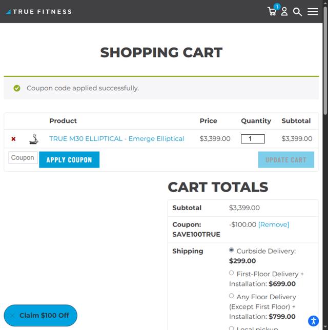 TRUE Fitness checkout page showing TRUE Fitness discount code box | Screenshot taken by SimplyCodes community member on Sep 17, 2025