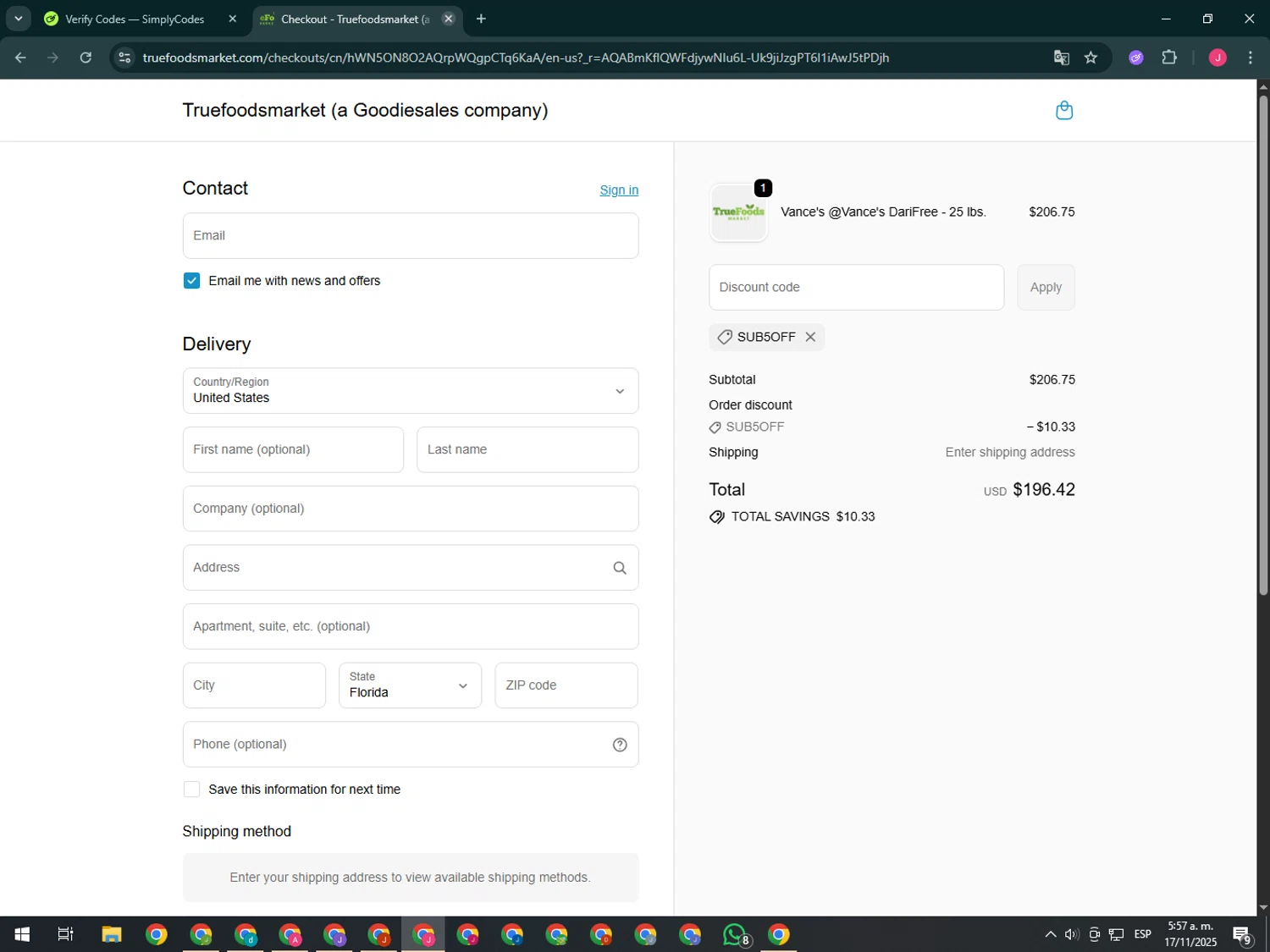 TrueFoods Market promo code screenshot showing code sub5off applied at TrueFoods Market checkout page. Uploaded by SimplyCodes community member CleverShopper2101 on Nov 17, 2025