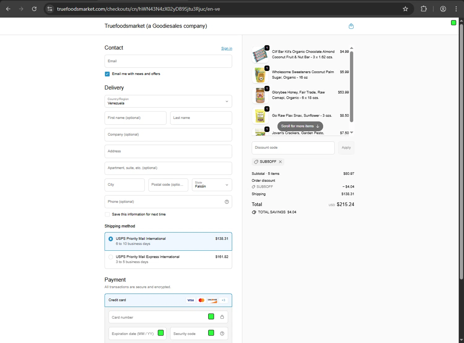 TrueFoods Market promo code screenshot showing code sub5off applied at TrueFoods Market checkout page. Uploaded by SimplyCodes community member ShrewdDefender8496 on Oct 13, 2025