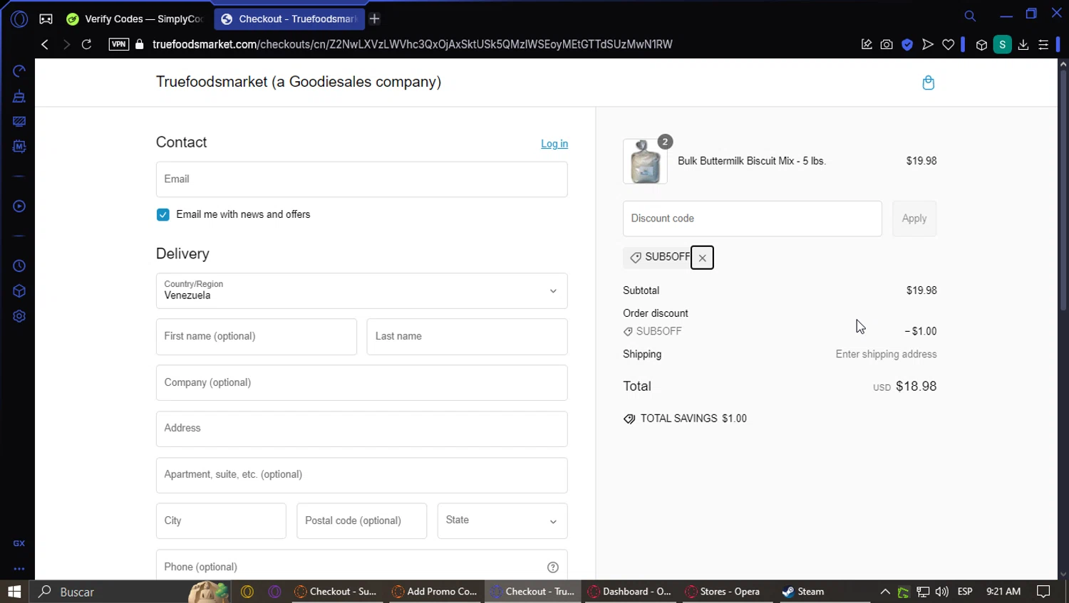 TrueFoods Market promo code screenshot showing code sub5off applied at TrueFoods Market checkout page. Uploaded by SimplyCodes community member PennyFox1280 on Feb 11, 2025