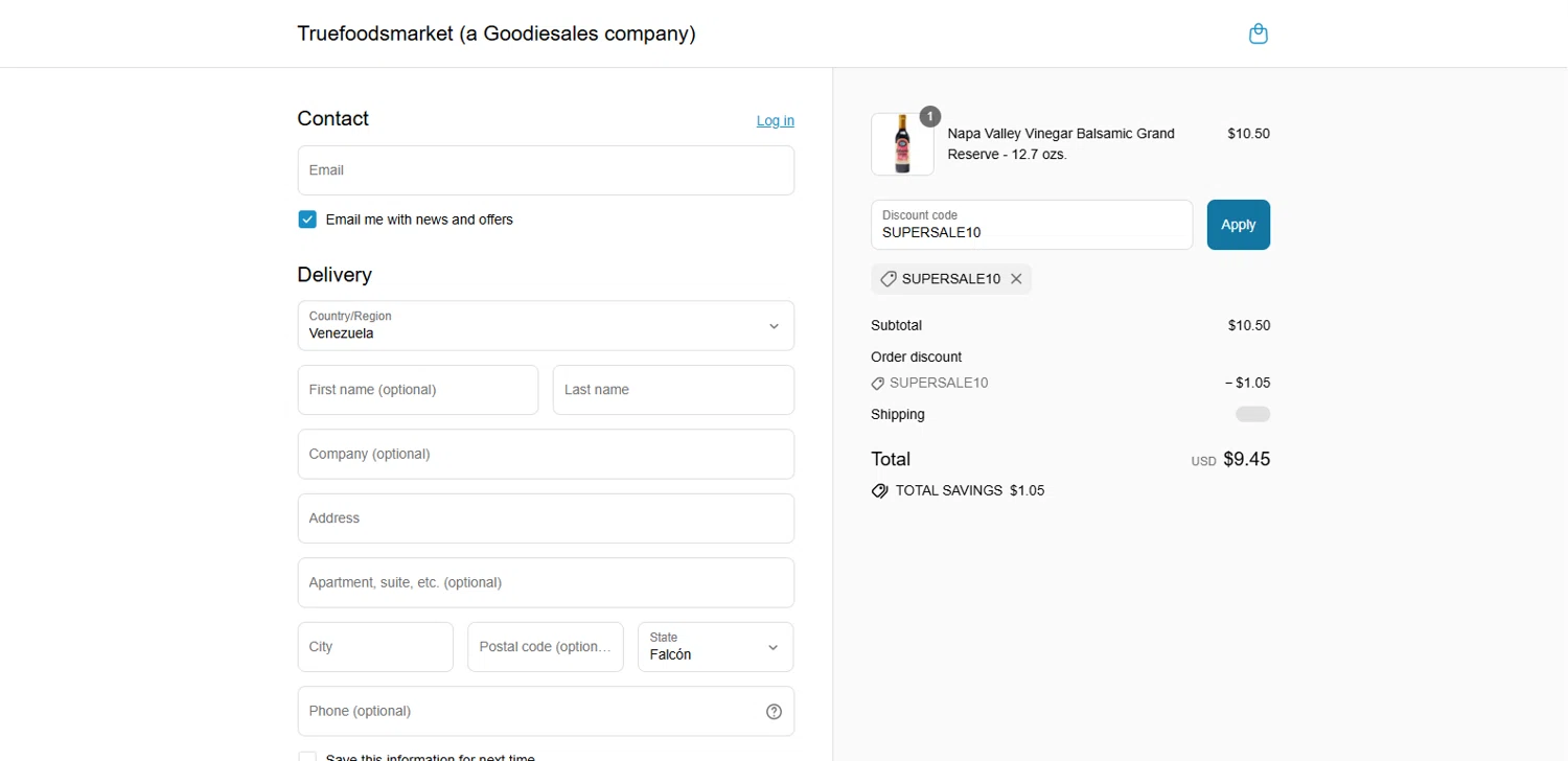 TrueFoods Market promo code screenshot showing code SUPERSALE10 applied at TrueFoods Market checkout page. Uploaded by SimplyCodes community member kalltrom21 on Jul 17, 2025