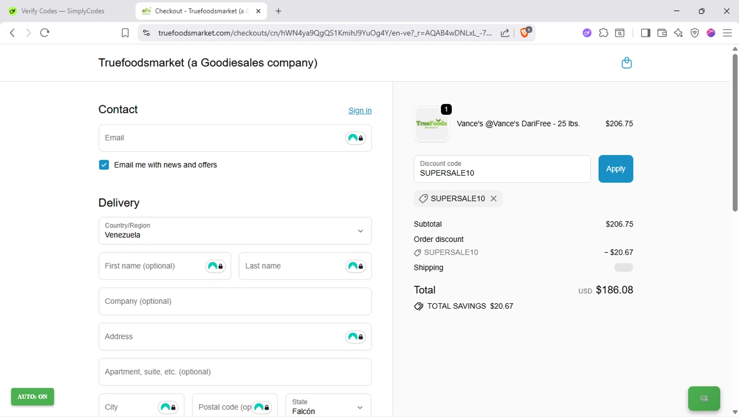TrueFoods Market promo code screenshot showing code SUPERSALE10 applied at TrueFoods Market checkout page. Uploaded by SimplyCodes community member SapeGato on Nov 6, 2025