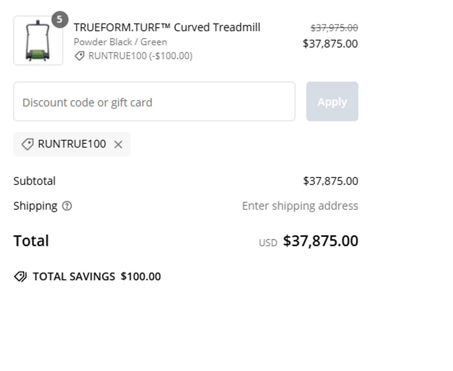 True Form Runner promo code screenshot showing code RUNTRUE100 applied at True Form Runner checkout page. Uploaded by SimplyCodes community member CrownSleuth7125 on Jan 15, 2025