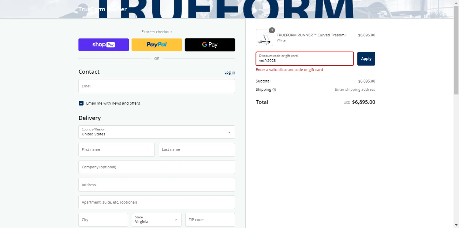 True Form Runner promo code screenshot showing code vetfr2023 applied at True Form Runner checkout page. Uploaded by SimplyCodes community member renegul on Jan 16, 2025