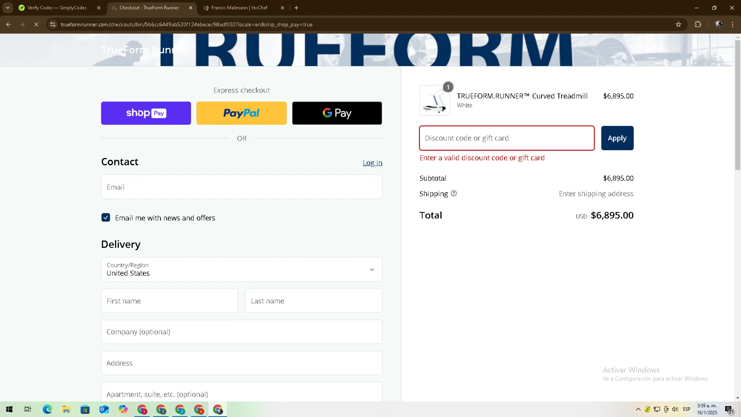True Form Runner promo code screenshot showing code vetfr2023 applied at True Form Runner checkout page. Uploaded by SimplyCodes community member zadquiel on Jan 16, 2025