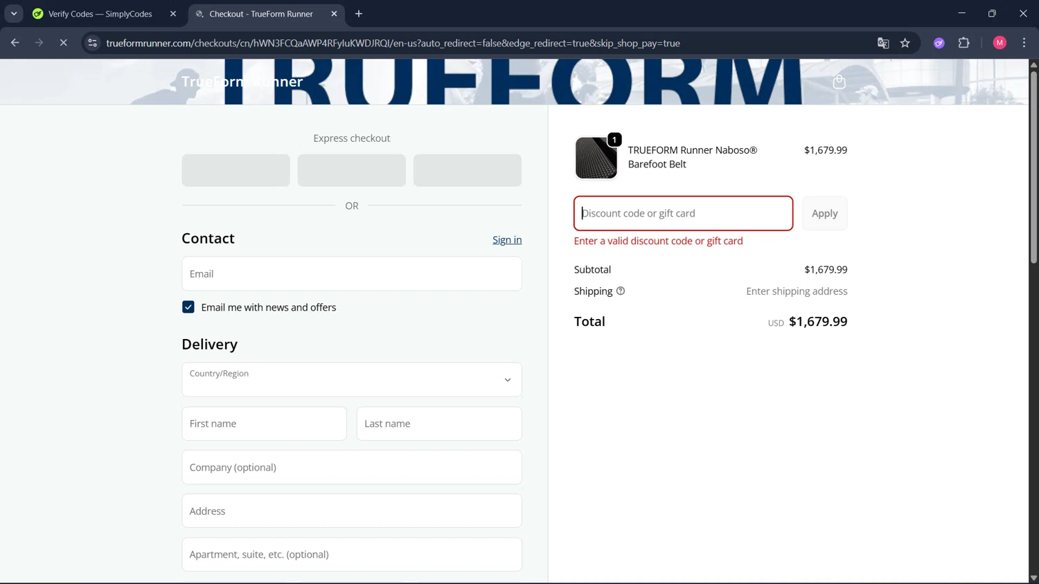True Form Runner promo code screenshot showing code TRUE30 applied at True Form Runner checkout page. Uploaded by SimplyCodes community member ValueCollector4159 on Sep 21, 2025