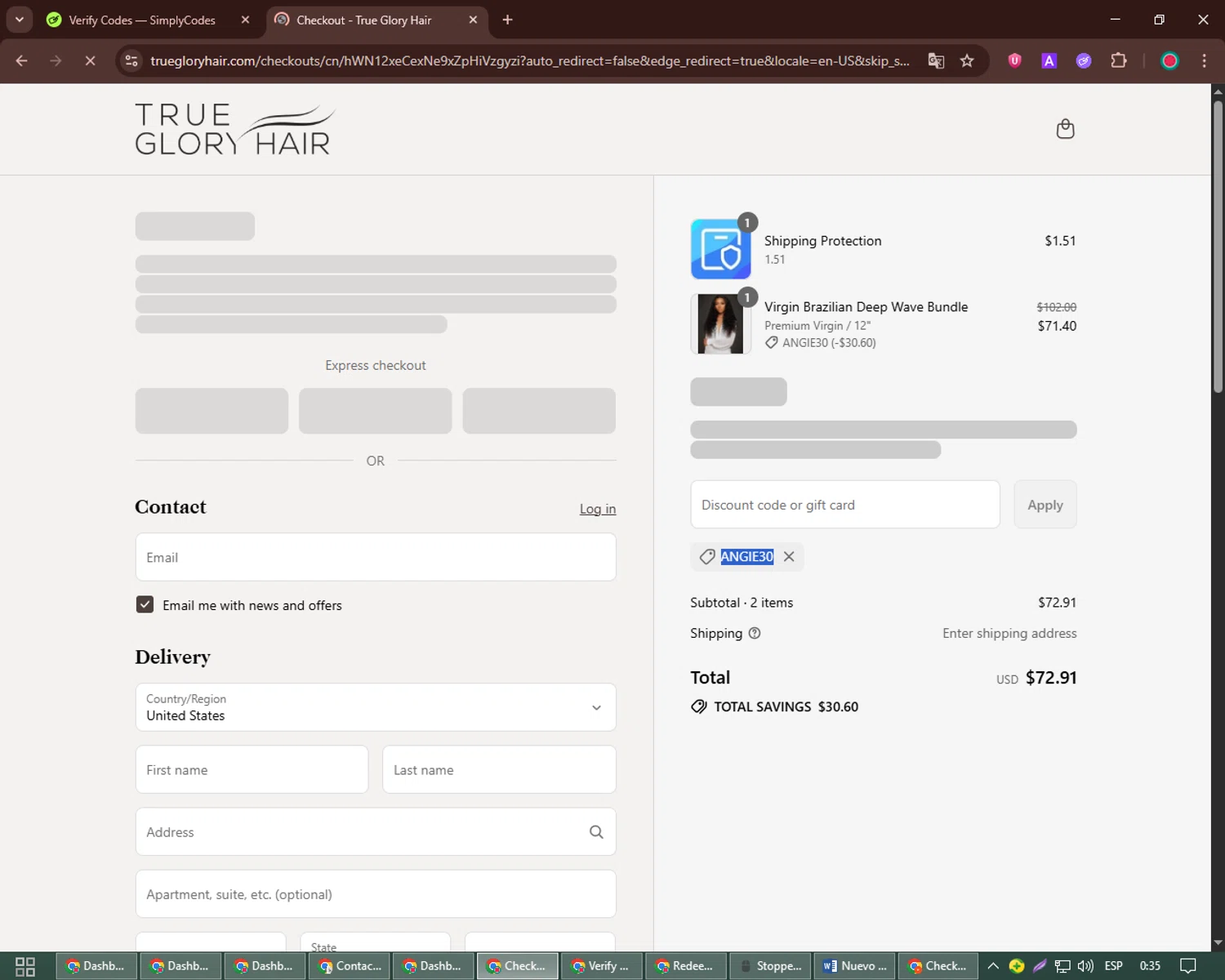 True Glory Hair discount code screenshot showing code ANGIE30 applied at True Glory Hair checkout page. Uploaded by SimplyCodes community member Richard_Miller on Jul 25, 2025