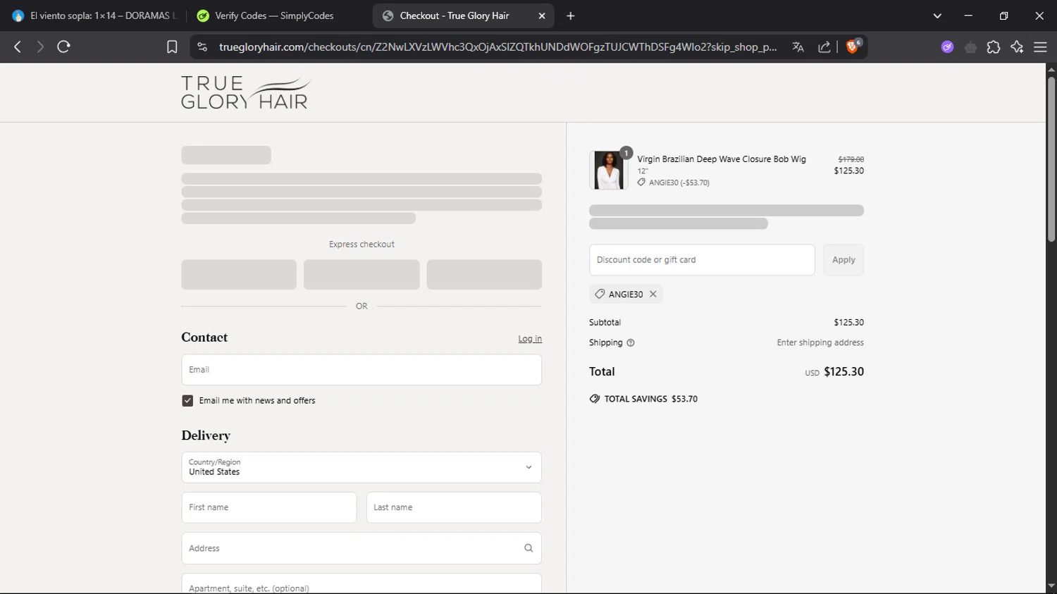 True Glory Hair discount code screenshot showing code ANGIE30 applied at True Glory Hair checkout page. Uploaded by SimplyCodes community member SmartScholar9589 on May 20, 2025