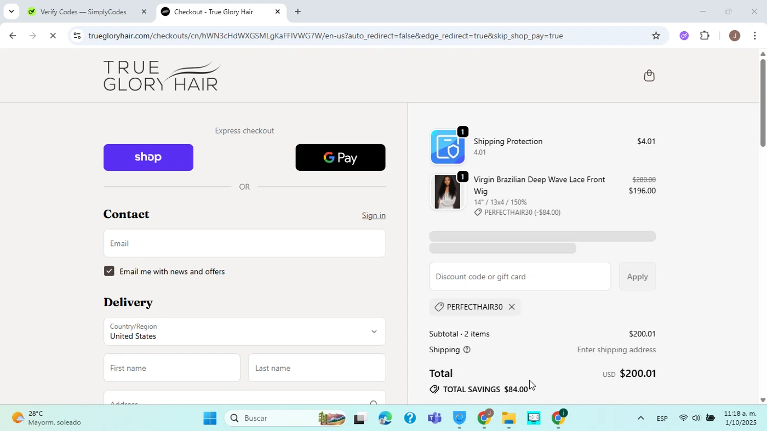True Glory Hair discount code screenshot showing code PERFECTHAIR30 applied at True Glory Hair checkout page. Uploaded by SimplyCodes community member ABHF23 on Oct 1, 2025