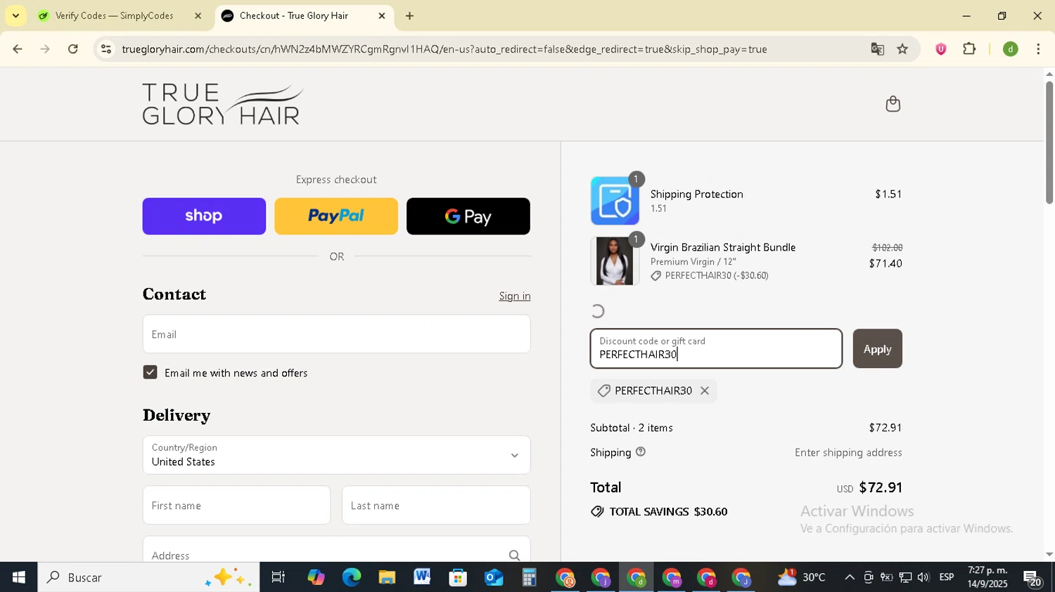True Glory Hair discount code screenshot showing code PERFECTHAIR30 applied at True Glory Hair checkout page. Uploaded by SimplyCodes community member SavingsSentinel833 on Sep 14, 2025