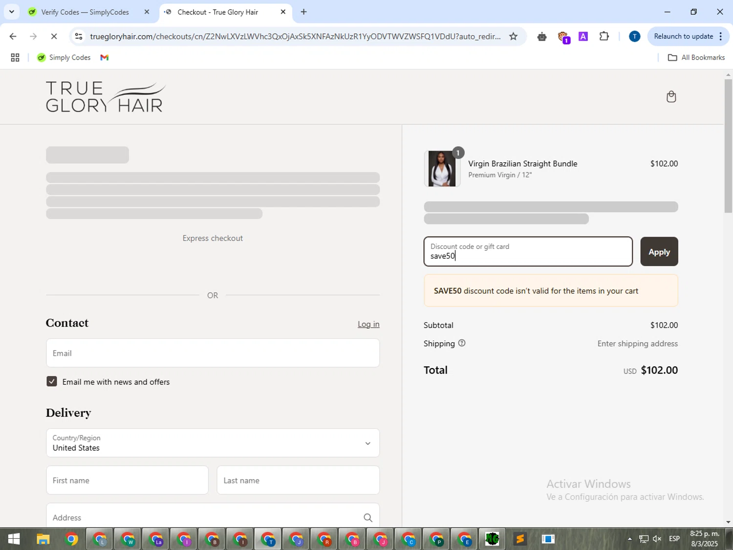 True Glory Hair discount code screenshot showing code save50 applied at True Glory Hair checkout page. Uploaded by SimplyCodes community member NobleAce3835 on Mar 9, 2025