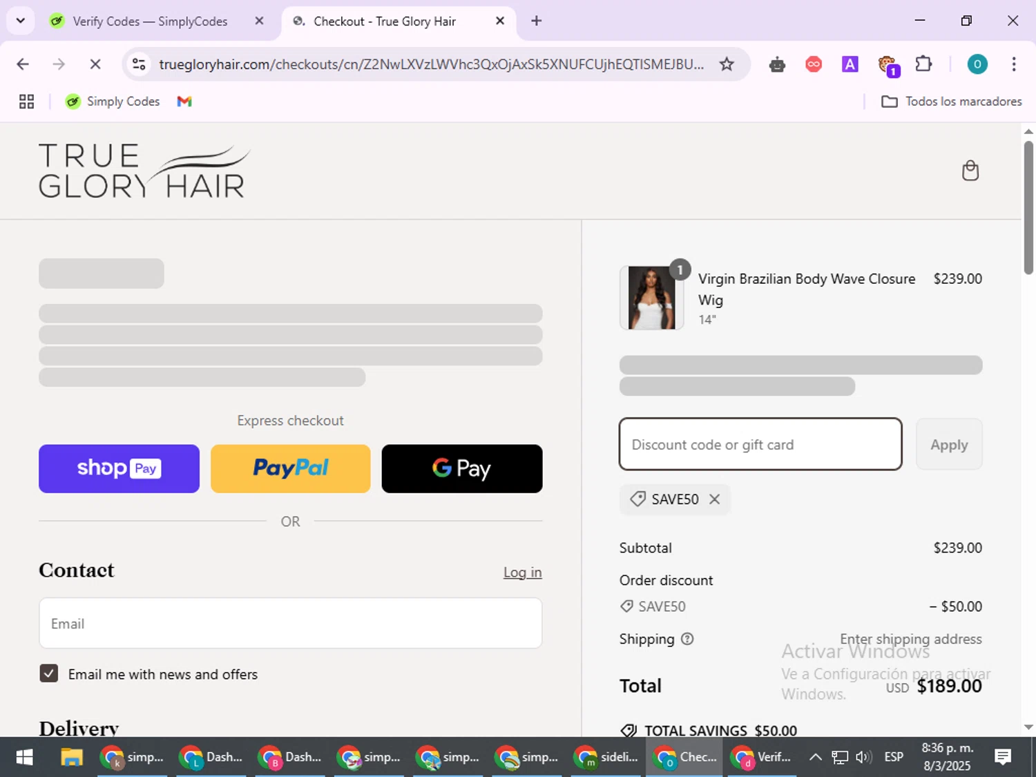 True Glory Hair discount code screenshot showing code save50 applied at True Glory Hair checkout page. Uploaded by SimplyCodes community member BudgetSeeker9524 on Mar 9, 2025