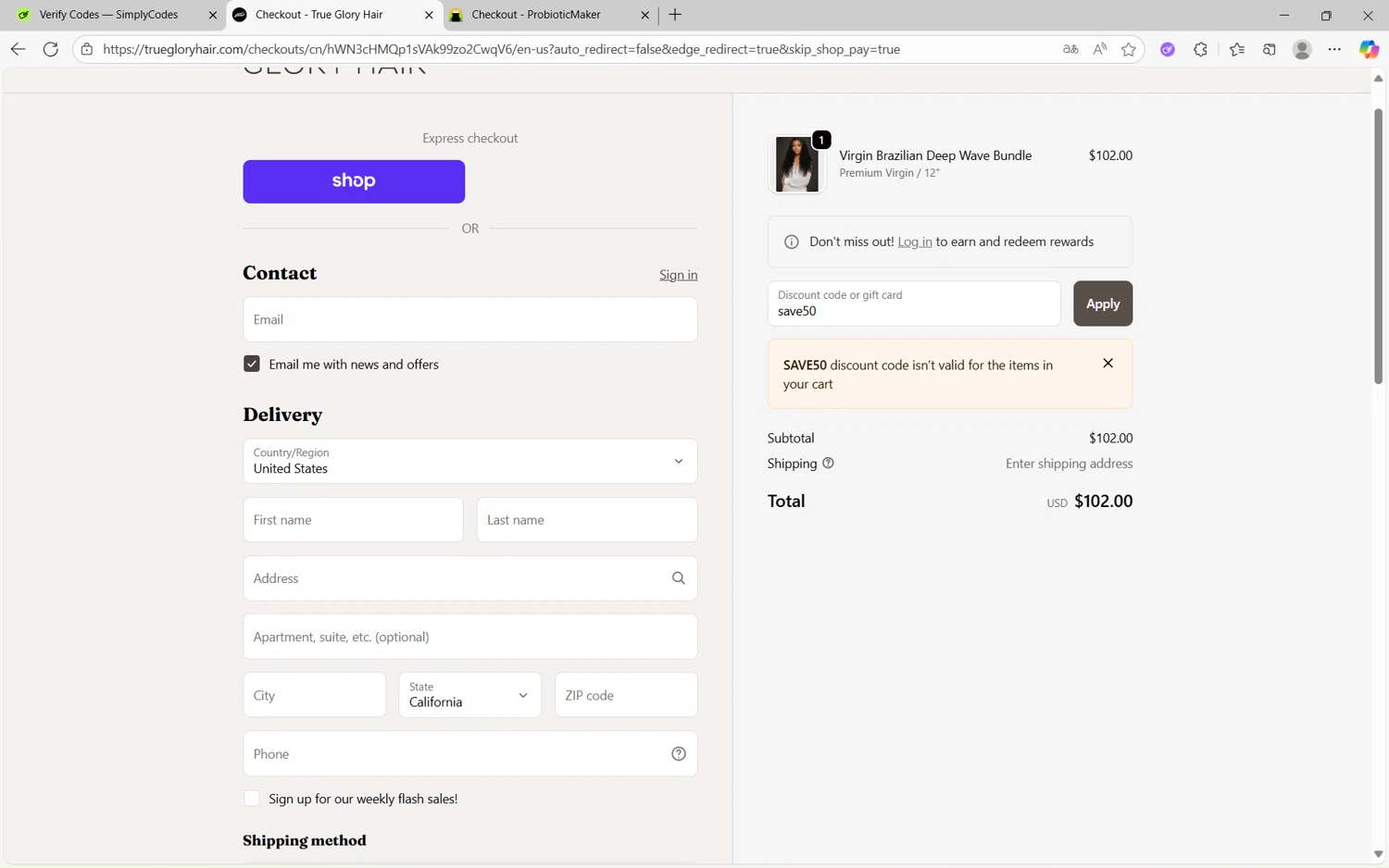 True Glory Hair discount code screenshot showing code save50 applied at True Glory Hair checkout page. Uploaded by SimplyCodes community member frijolito on Oct 1, 2025