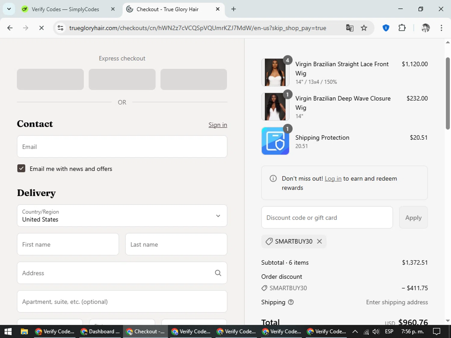 True Glory Hair discount code screenshot showing code SMARTBUY30 applied at True Glory Hair checkout page. Uploaded by SimplyCodes community member CleverLegend6607 on Sep 14, 2025