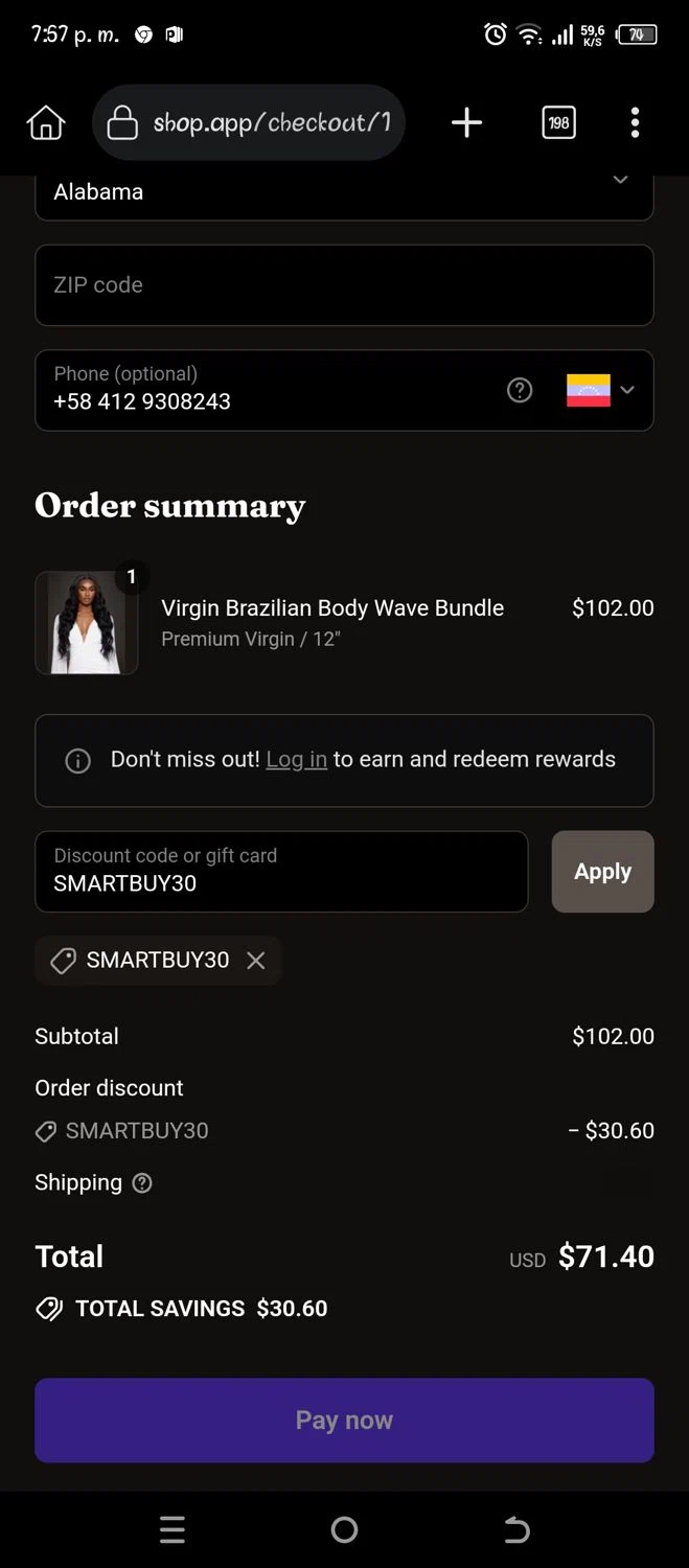 True Glory Hair discount code screenshot showing code SMARTBUY30 applied at True Glory Hair checkout page. Uploaded by SimplyCodes community member Pipina11 on Sep 14, 2025