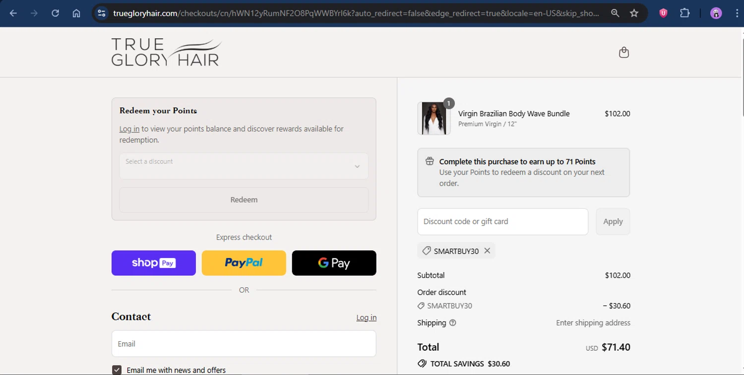 True Glory Hair discount code screenshot showing code SMARTBUY30 applied at True Glory Hair checkout page. Uploaded by SimplyCodes community member rapc3030 on Jul 25, 2025