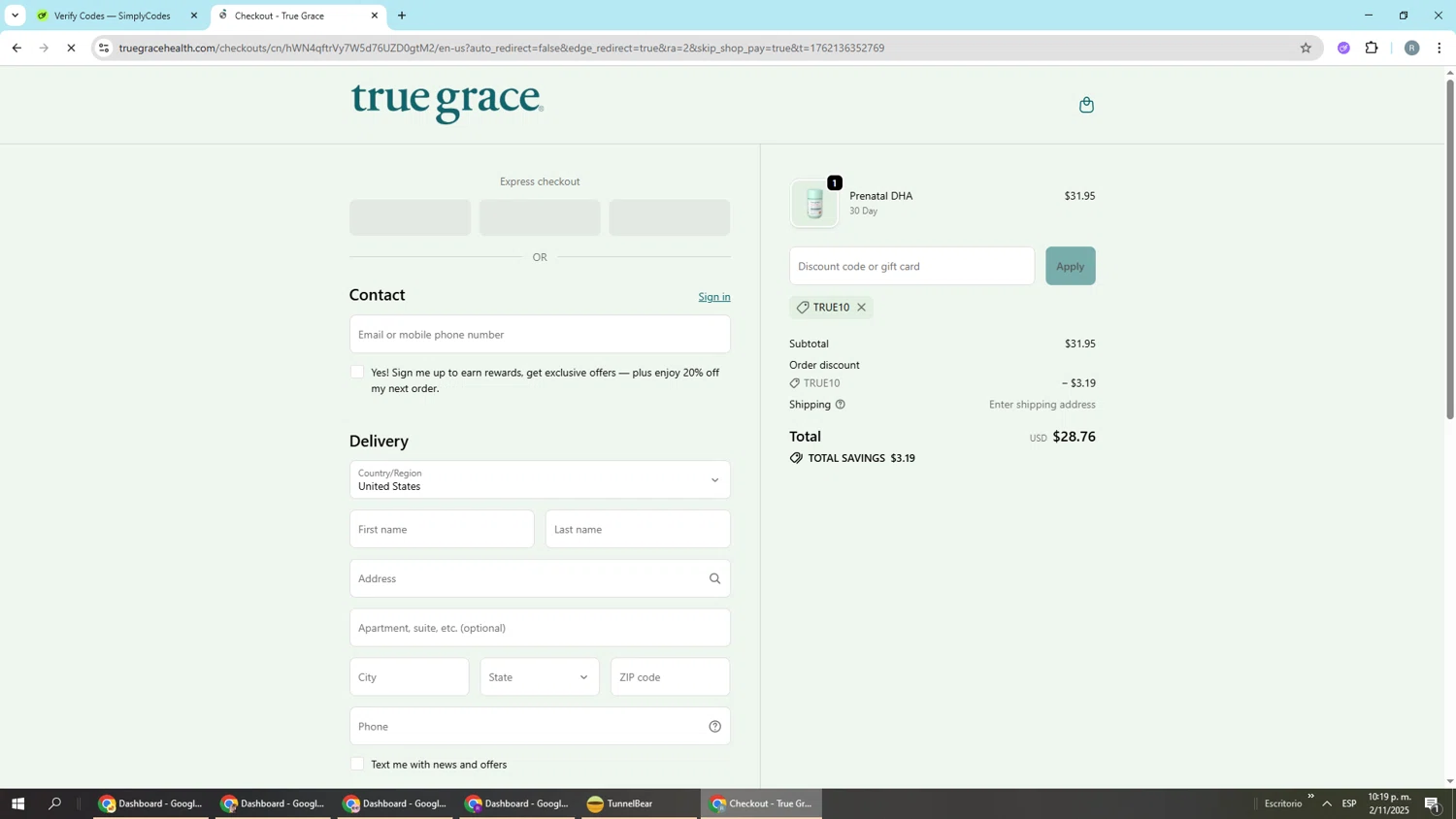 True Grace discount code screenshot showing code TRUE10 applied at True Grace checkout page. Uploaded by SimplyCodes community member Piolin on Nov 3, 2025
