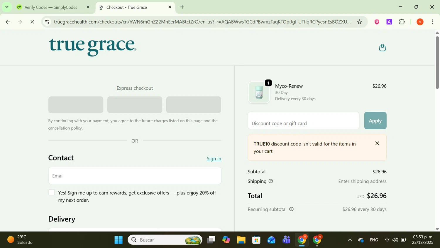 True Grace discount code screenshot showing code TRUE10 applied at True Grace checkout page. Uploaded by SimplyCodes community member SavingsCaptain8190 on Dec 23, 2025