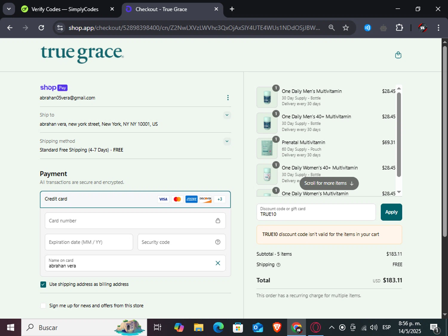 True Grace discount code screenshot showing code TRUE10 applied at True Grace checkout page. Uploaded by SimplyCodes community member TreasureAdmiral6867 on May 15, 2025