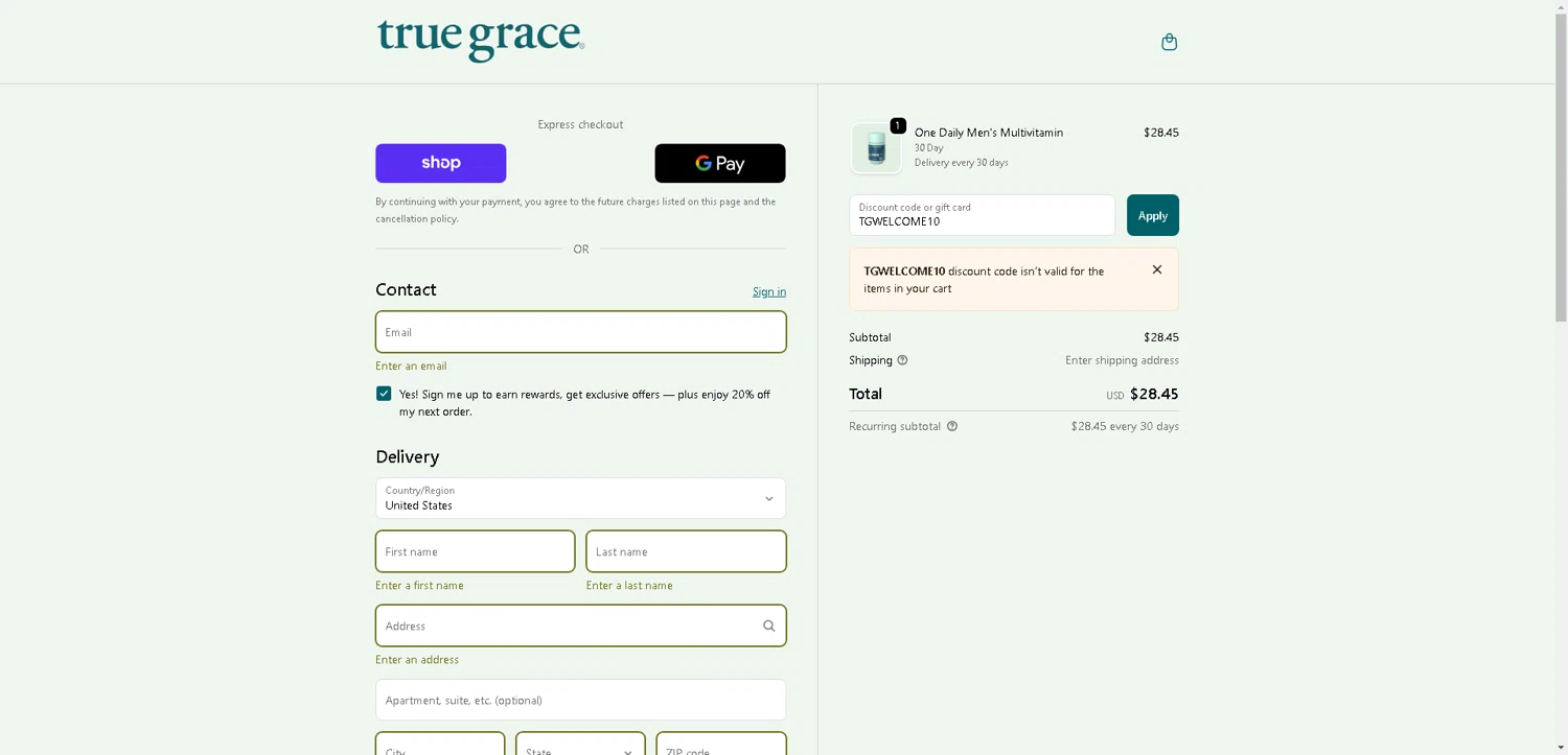 True Grace discount code screenshot showing code TGWELCOME10 applied at True Grace checkout page. Uploaded by SimplyCodes community member VoucherHero1009 on Oct 15, 2025