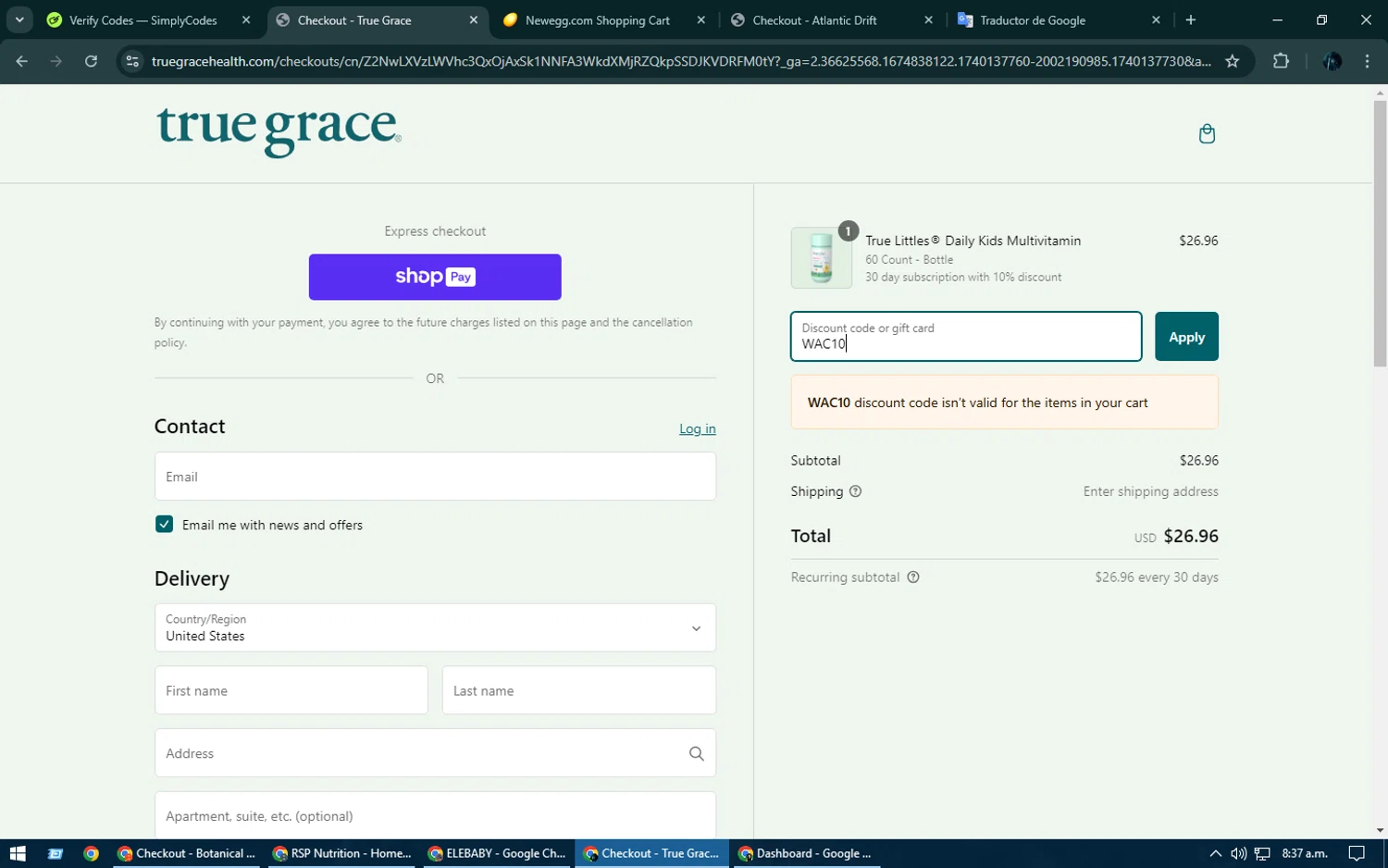 True Grace discount code screenshot showing code WAC10 applied at True Grace checkout page. Uploaded by SimplyCodes community member Kurokenshi on Feb 21, 2025