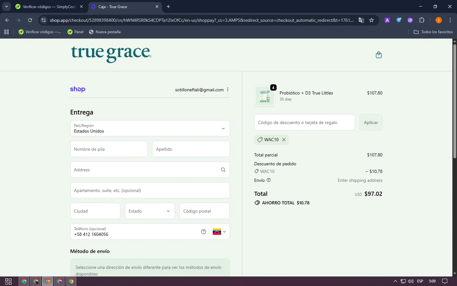 True Grace discount code screenshot showing code WAC10 applied at True Grace checkout page. Uploaded by SimplyCodes community member MangoFC on Oct 23, 2025