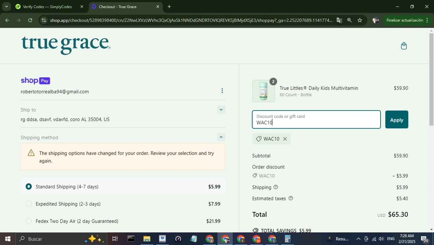 True Grace discount code screenshot showing code WAC10 applied at True Grace checkout page. Uploaded by SimplyCodes community member alfredohernandez on Feb 21, 2025