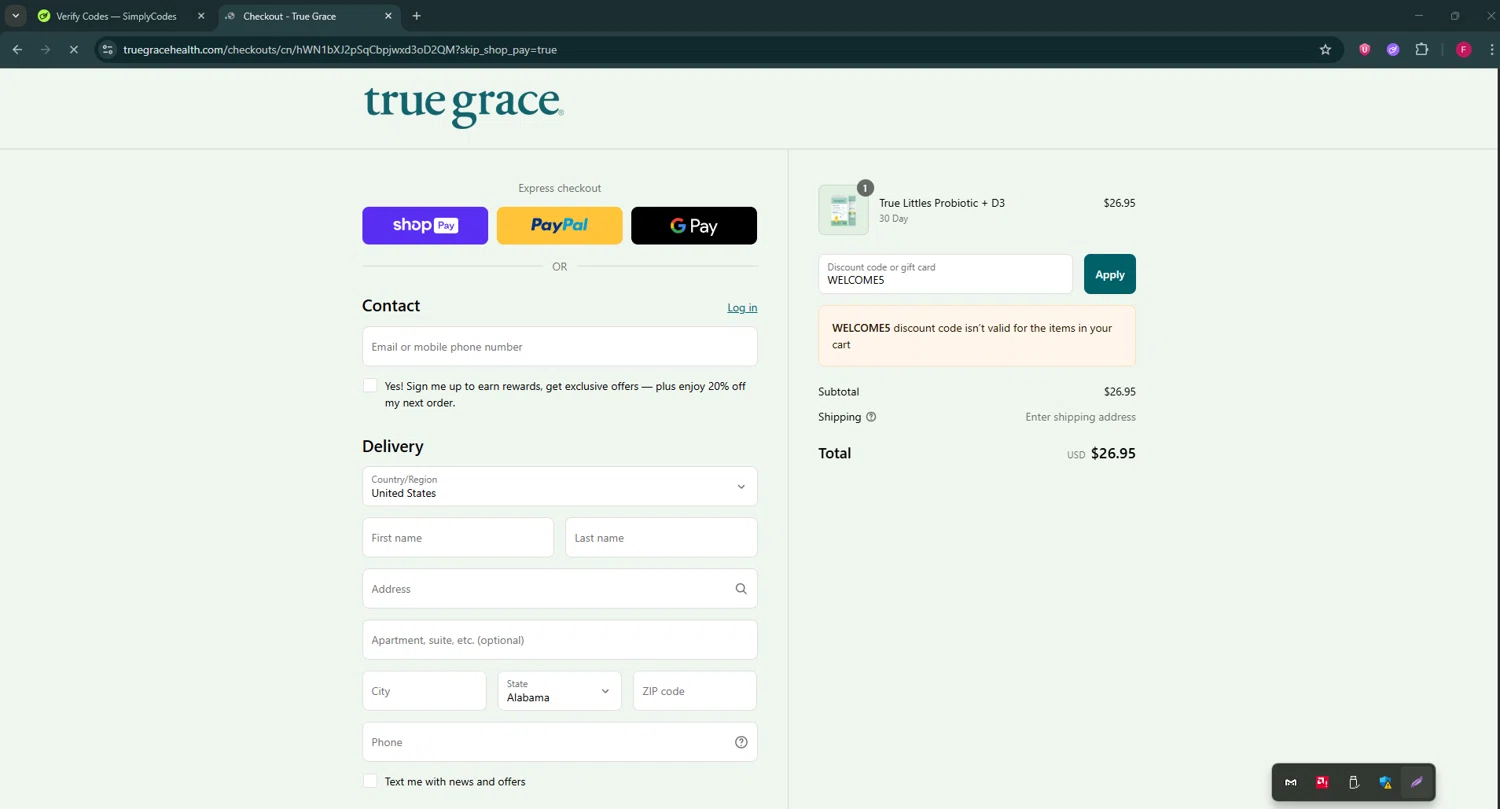 True Grace discount code screenshot showing code WELCOME5 applied at True Grace checkout page. Uploaded by SimplyCodes community member ExtraordinaryVirtuoso281 on Aug 9, 2025