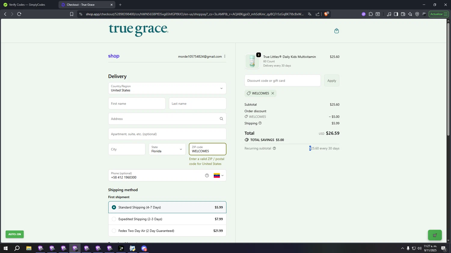 True Grace discount code screenshot showing code WELCOME5 applied at True Grace checkout page. Uploaded by SimplyCodes community member qqqqqqqqqqqqq on Nov 9, 2025