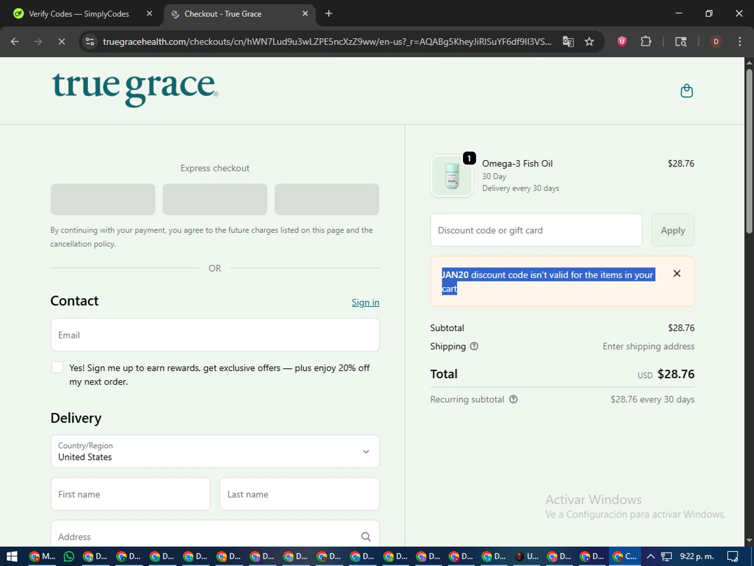 True Grace checkout page showing True Grace discount code box | Screenshot taken by SimplyCodes community member on Jan 8, 2026