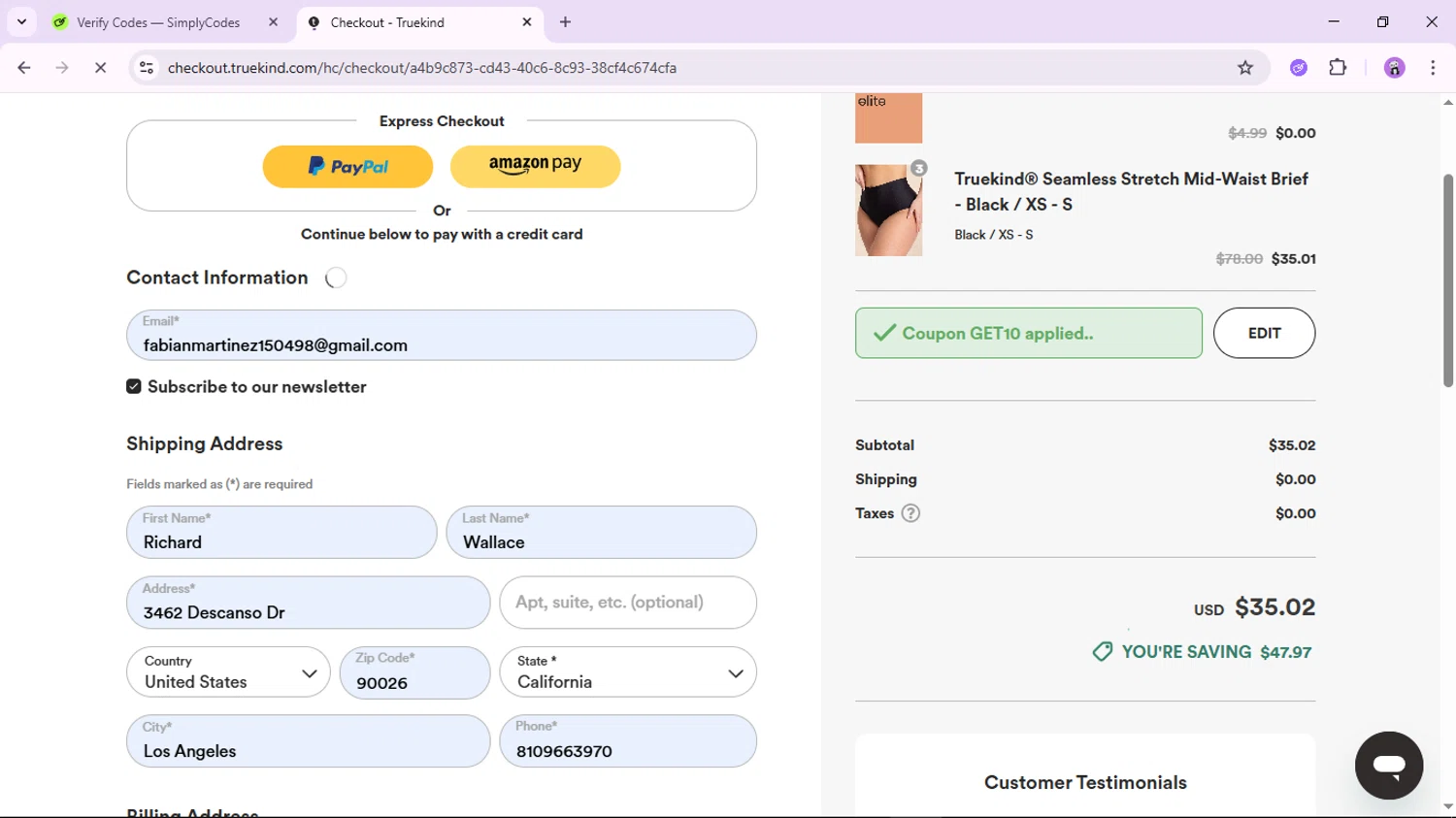 Truekind discount code screenshot showing code GET10 applied at Truekind checkout page. Uploaded by SimplyCodes community member jamesscott on Dec 10, 2025