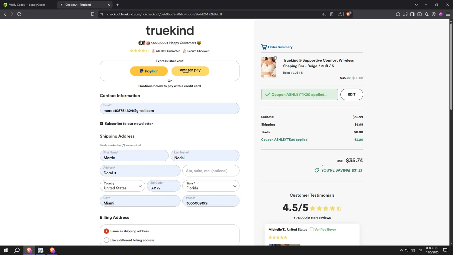 Truekind discount code screenshot showing code ASHLEYTK20 applied at Truekind checkout page. Uploaded by SimplyCodes community member aaaaaaaaaaaaaaaaaaaaa on May 18, 2025