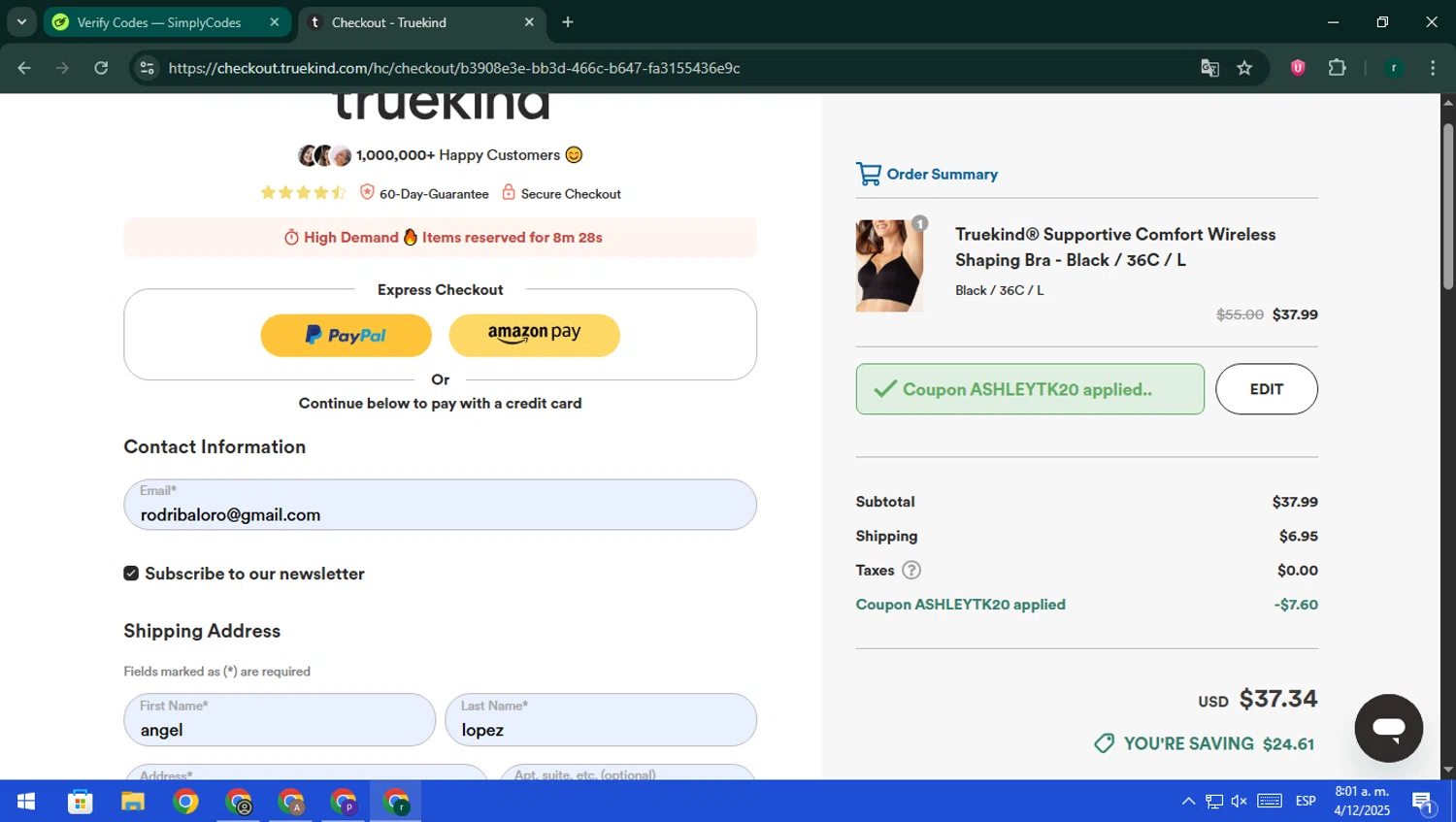 Truekind discount code screenshot showing code ASHLEYTK20 applied at Truekind checkout page. Uploaded by SimplyCodes community member rodri1 on Dec 4, 2025