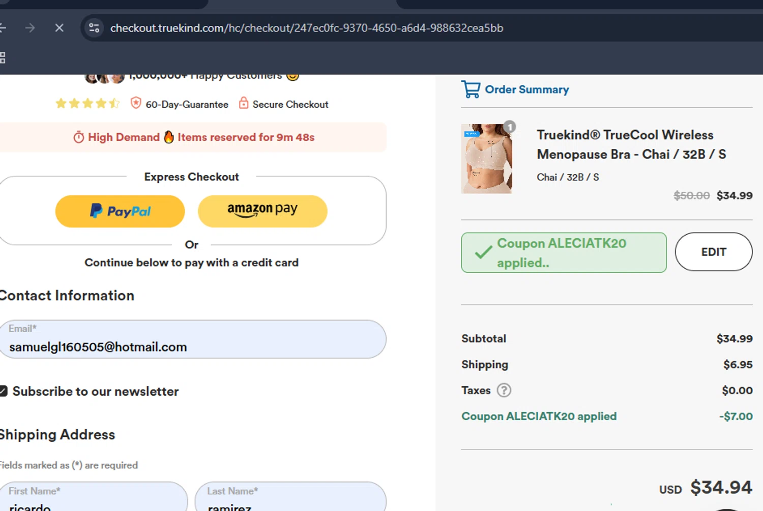 Truekind discount code screenshot showing code ALECIATK20 applied at Truekind checkout page. Uploaded by SimplyCodes community member DiscountHero6788 on Dec 4, 2025