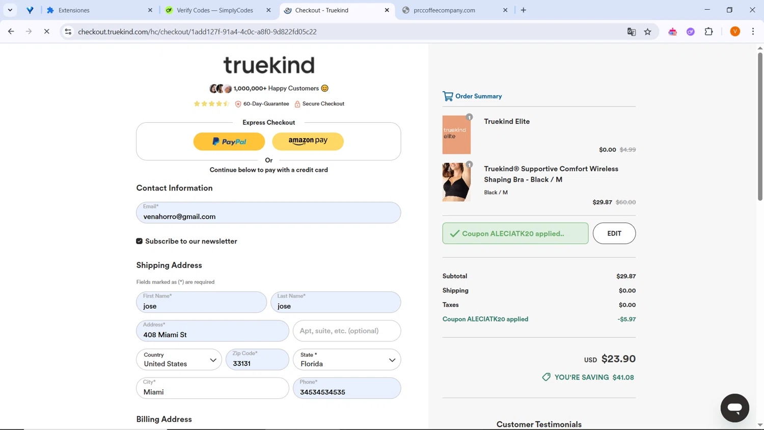 Truekind discount code screenshot showing code ALECIATK20 applied at Truekind checkout page. Uploaded by SimplyCodes community member BrilliantLion4485 on May 18, 2025