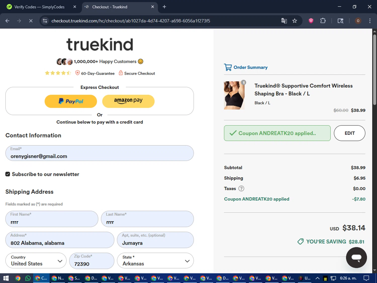 Truekind discount code screenshot showing code ANDREATK20 applied at Truekind checkout page. Uploaded by SimplyCodes community member LegendaryAdmiral8649 on Oct 13, 2025